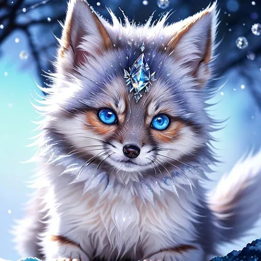 Prompt: (masterpiece, professional oil painting, epic digital art, best quality:1.5), insanely beautiful tiny silver ((fox kit)), (canine quadruped), ice elemental, silky silver-blue fur covered in frost, timid, ((insanely detailed alert crystal blue eyes, sharp focus eyes)), gorgeous 8k eyes, fluffy silver neck ruff covered in frost, two tails, (plump), fluffy chest, enchanted, magical, finely detailed fur, hyper detailed fur, (soft silky insanely detailed fur), presenting magical jewel, moonlight beaming through clouds, lying in frosted meadow, grassy field covered in frost, cool colors, professional, symmetric, golden ratio, unreal engine, depth, volumetric lighting, rich oil medium, (brilliant auroras), (ice storm), full body focus, beautifully detailed background, cinematic, 64K, UHD, intricate detail, high quality, high detail, masterpiece, intricate facial detail, high quality, detailed face, intricate quality, intricate eye detail, highly detailed, high resolution scan, intricate detailed, highly detailed face, very detailed, high resolution