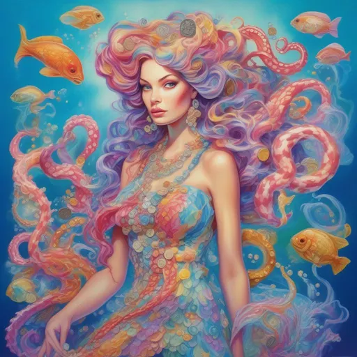 Prompt: A colourful woman with tentacles for hair in a flowing soft dress made of kelp, scales, coins, pearls and coral, in a painted style in the colour palate of Lisa Frank