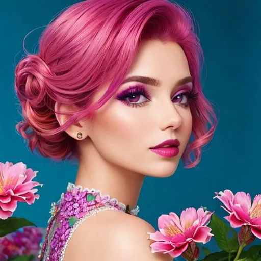 Prompt: a beautiful woman , lots of pretty flowers, magenta hair, magenta makeup