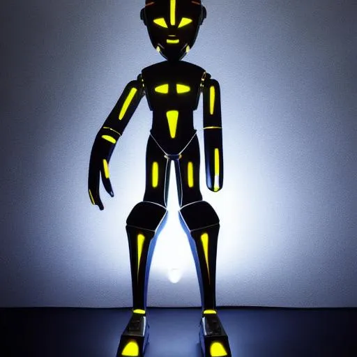 Prompt: Luminous the Animatron has a unique and captivating design that captures the essence of the FNAF-inspired world. He stands at around 7 feet tall, towering over most characters in his environment. Luminous has a humanoid appearance with a slender and graceful frame. His body is primarily composed of shiny silver and chrome-like metal, giving him a polished and futuristic aesthetic.

Luminous's face features a friendly and comforting expression, with large, expressive blue eyes that radiate warmth. He has a small, delicate nose and a slightly upturned smile, which adds to his inviting demeanor. The majority of his head is covered by a sleek, silver helmet-like structure, adorned with glowing patterns and accents.

Luminous's most notable feature is his intricate glowing patterns that cover his body. These patterns, reminiscent of circuitry and energy currents, emit a soft and mesmerizing light. The glowing patterns change color based on his emotions, creating an interactive and visually captivating experience.

He is dressed in a stylish and tailored suit, combining elements of modern fashion and futuristic design. The suit features a mix of silver, blue, and black hues, complementing his metallic appearance. Luminous wears a matching tie, giving him a polished and sophisticated look.

To enhance his presence, Luminous has subtle yet intricate mechanical details visible throughout his body, such as gears, wires, and pulsating energy cores. These details reinforce his animatronic nature while adding to his overall aesthetic appeal