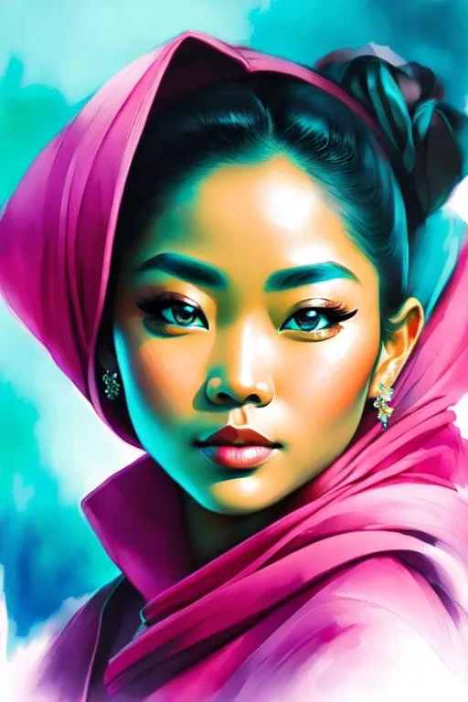 Prompt: good shape, hyper-detailed face with highly detailed and expressive eyes, Javanese beauty, color shading cyan and magenta