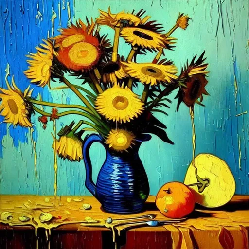 Prompt: still life painting, oil painting, driping, style van gogh