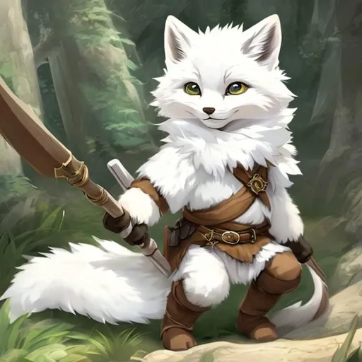 Prompt: dnd concept art, ranger,druid, tabaxi,white fox, short, cute, white fur