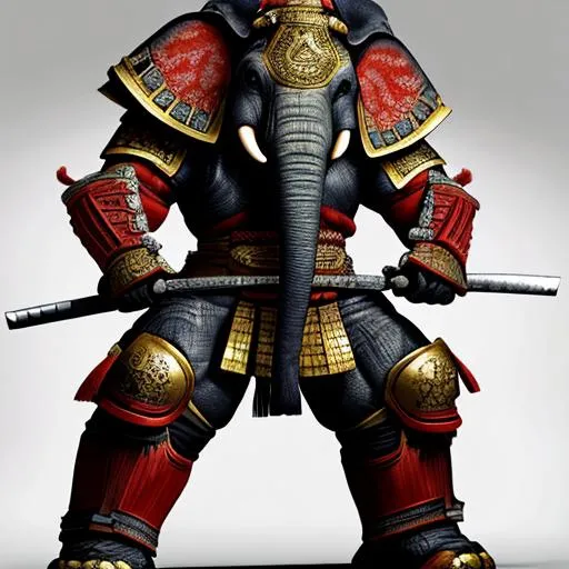 Prompt: mutant-elephant in samurai-armour standing with clenched fists