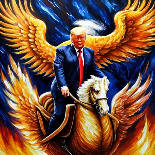 Prompt: Donald Trump riding a Phoenix, oil painting