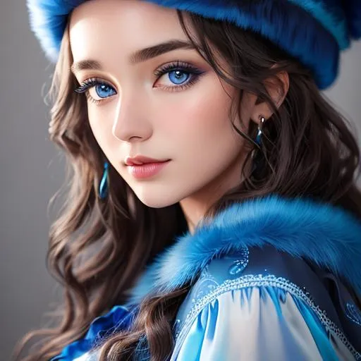Prompt: studio photography masterpiece, best quality, 1girl, Long curly hair, face front, ((blue fashion silk lone costume with blue swirling vortexes pattern)), ((blue Plush Fur Hat)), emotional face, (close up portrait), make up, studio light, studio