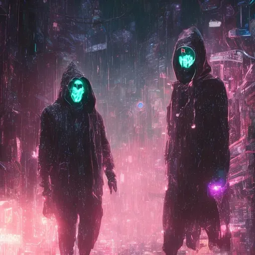 Prompt: Quality, detailed, 8k, masterpiece, hooded figure, purge mask with lights,  neon background, particles in the air, cyberpunk, bounty hunter