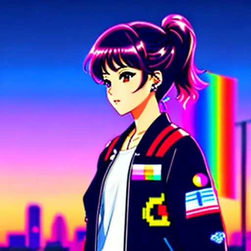 Prompt: vaporwave japan city night time anime girl in varsity jacket gay flag patch