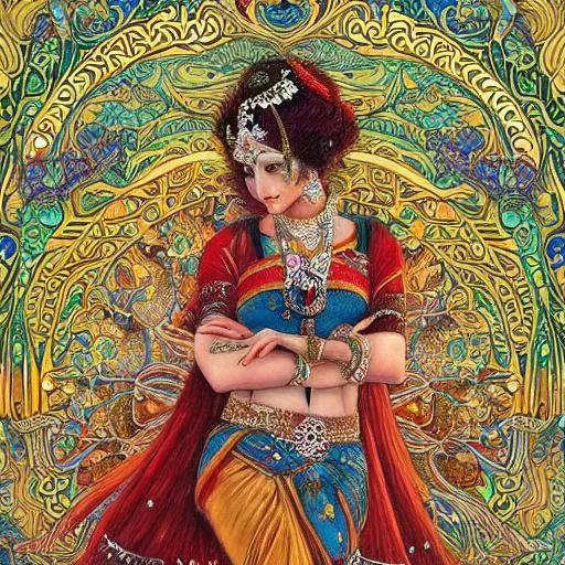 Prompt: beautiful and playful ginger hindu dancer, art nouveau, fantasy, intricate indian flower designs, elegant, highly detailed, sharp focus, art by chie yoshii And Monet