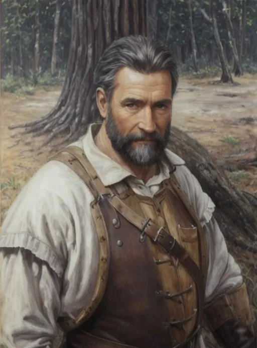 Prompt: Ultra realistic, full-length, full body, oil painting, older woodcutter, well-toned and fit. Standing in a forest, foot up on a tree stump, turned left, wearing a medieval leather Armor and leather breeches with leather boots. Carrying a woodsman axe
