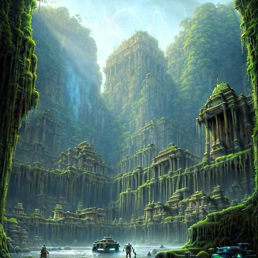 Prompt: Magnificent lost city in a vast underground cave, magnificent lighting, alien trees, jungle, intricate, digital painting, artstation, detailed, sharp focus, illustration, concept art, by Greg Rutkowski, by Gustave Dore, Design a futuristic street scene with high-tech vehicles, flying drones, and cybernetically enhanced individuals, and A wicked Corporation like Amazon dominating the world