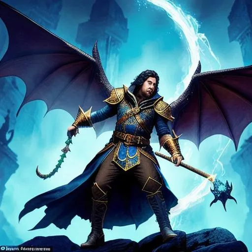 Prompt: Male Wizard casting a spell with Magic around him, Mounted on an Undead Dragon wreathed in Blue and Black Magic