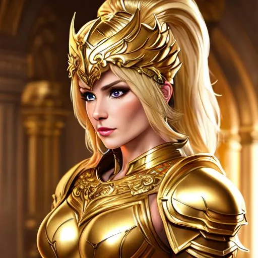 Prompt: Woman, stunning, muscular, strong, fit, paladin wearing a full golden armor, fantasy, UHD, 8k, high quality, ultra quality, perfect composition, trending art, trending on artstation, sharp focus, studio photo, intricate details, cinematic lighting, special effects, hyper realism, hyper realistic, Very detailed, oil painting, full body