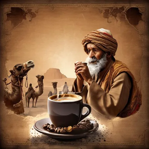 Prompt: coffee, camels, old coffee cup, background coffee sack, the wise man drinking coffee is very handsome