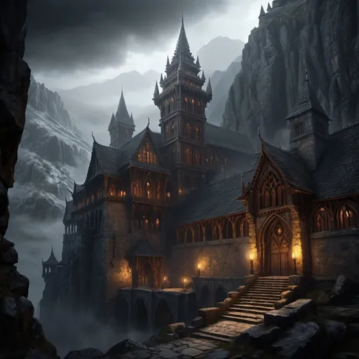 Prompt: Warhammer fantasy RPG style towering monastery in the mountains, medieval architecture, weathered stone walls, intricate gothic details, high resolution, detailed, dark fantasy, atmospheric lighting, foggy ambiance, gothic, medieval, detailed stonework, bustling, mysterious, ominous lighting, walking monks, warm tones, distant birds-eye view