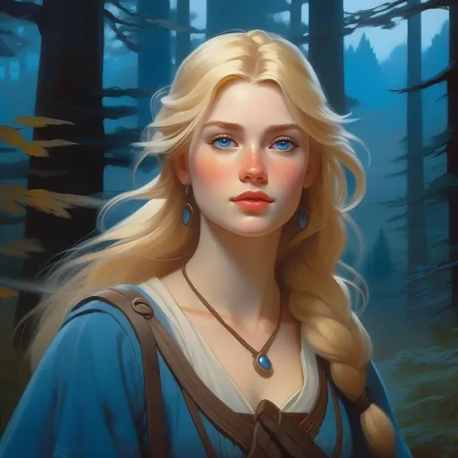 Prompt: Third person, gameplay, ancient Germanic girl, pale skin, freckles, blonde hair, blue eyes, forest at night, fog, blue atmosphere, cartoony style, extremely detailed painting by Greg Rutkowski and by Henry Justice Ford and by Steve Henderson 