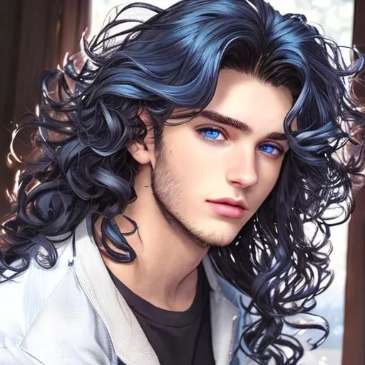 live-bee486: A man with blue eyes, long curly hair, A full and big