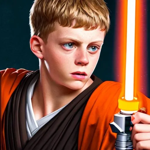 Prompt: zoomed in picture of Joe Burrow face as a jedi holding an orange lightsaber 