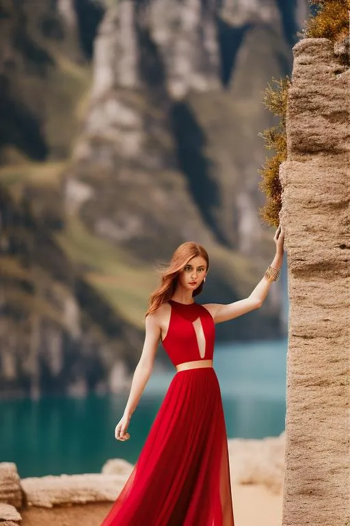 Prompt: RAW photo, gorgeous young Swiss girl , 25 y.o. ,outstanding , redhair, distant photo, 1:6 pose, wearing dress with an open neckline, detailed eyes , blue eyes, standing in front of a scenic backdrop,85mm portrait photography, award winning, photo of a gorgeous young woman in the style of stefan kostic, realistic, sharp focus, 8 k high definition, insanely detailed, intricate, elegant, modelshoot style, (extremely detailed CG unity 8k wallpaper), full shot body photo of the most beautiful artwork in the world, pale skin, medieval era, photorealistic painting by Ed Blinkey, Atey Ghailan, trending on ArtStation, trending on CGSociety, Intricate, High Detail, Sharp focus, dramatic, photorealistic,  hard rim lighting photography–beta –ar 9:16 –s 5000 –testp –upbeta , (realistic painting, long shot, studio lighting) , (high detailed skin:1.2), 8k uhd, dslr, soft lighting, high quality, film grain, Fujifilm XT3,((highly   detailed skin, skin details)), high focus, 8k UHD, DSLR, high quality, film   grain, Fujifilm XT3.    looking healthy, realistic photo, fit girl, outdoors