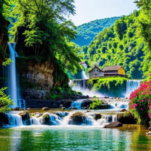 Prompt:  Rural village with water fall, wide screen, flowers, birds, cattle, 4k, higher resolution, 