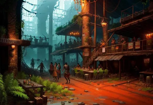 Prompt: crowd in a tavern, crowd, drinks, food, intricate detail, in post apocalyptic city wasteland overgronw with plants and trees, leaves, urban, plant and leaves overgrowing buildings, debris, decay, more plants overgrown, rain, night time, huge jungle forest in background,
