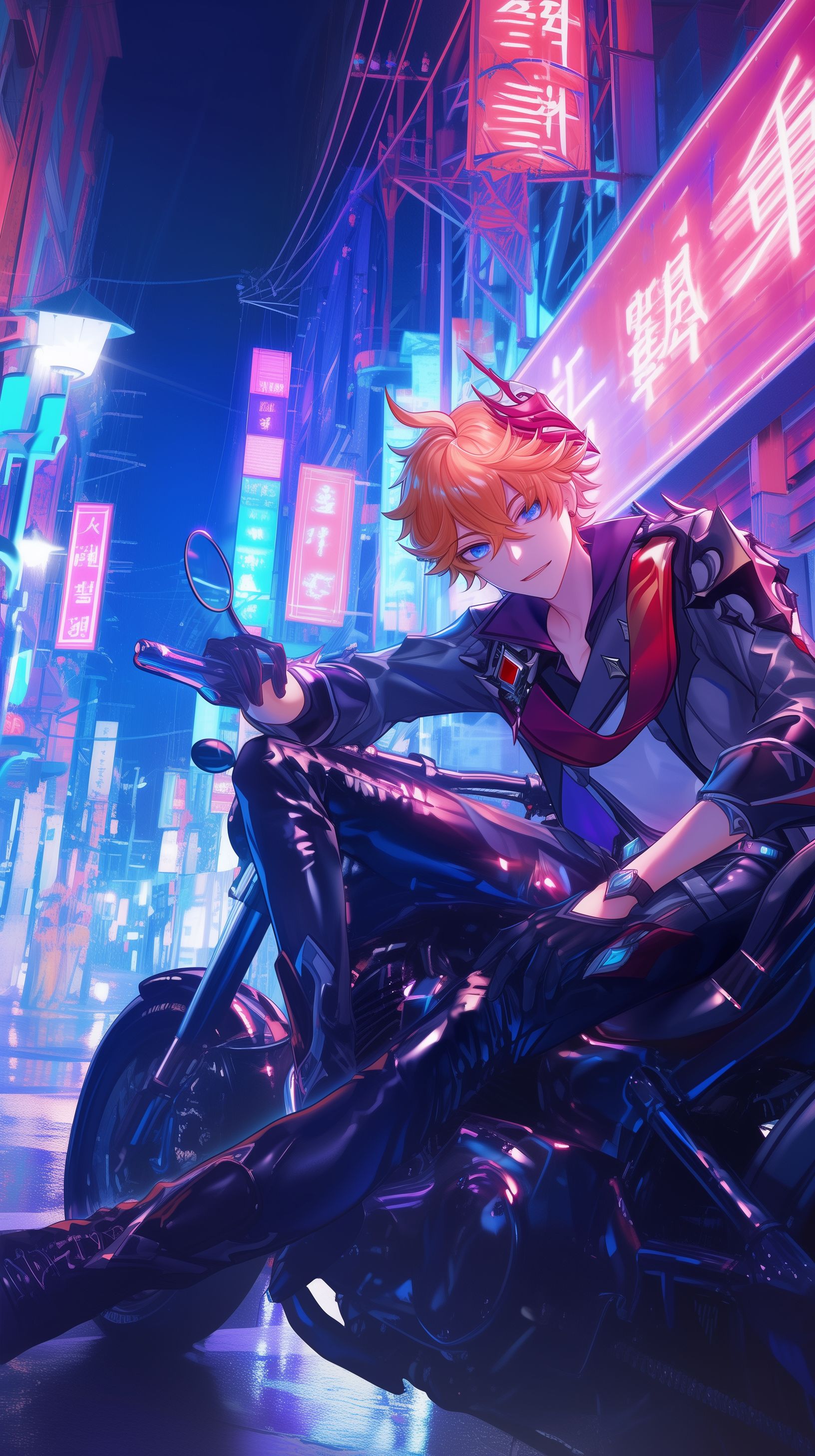 Prompt: Tartaglia from genshin impact, anime, cartoon, messy ginger orange hair, ahoge, ocean blue eyes, single red earing on right ear, leaning on a custom chopper, black leather jacket with a water design, big black buckled leather boots, lit up in an alleyway of a bustling city by bright neon lights, --ar 9:16 --niji 6