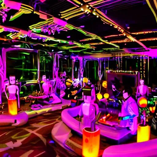 Prompt: A secret lavish party that is high tech. It takes place in a cult-like evil lair. Teenagers in masks are socializing. No more than 10 people. Wide angle. Robots are servers. Photo realistic.