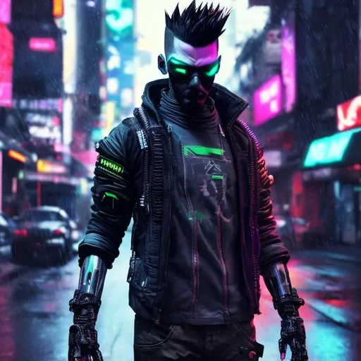 Prompt: New bearded anti-hero. Neon mohawk. Ex army mercenary dressed in black with neon accents. Futuristic. Bionic limbs. Cyber enhancements. Black and neon. Gritty. Anime. Neo tokyo. Holographic armour.  In rain. Blade in hand. Blood spatter. Dark