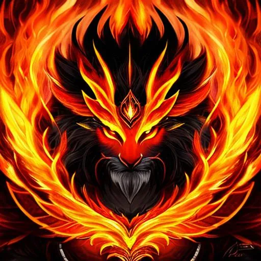 Prompt: Close up Portrait of a Sidapa, a god of fire. Phoenix background. Rebirth. Has fiery glowing eyes. Phoenix background. HD.