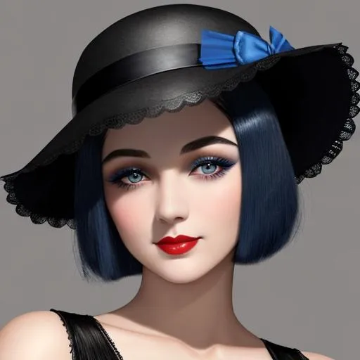 Prompt: a pretty girl  dressed in blue,  dark black hair, flapper, wearing a hat 1920's era, bob hair cut, 1920's era makeup, facial closeup