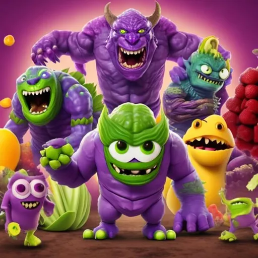 Prompt: A (super cute like) purple monsters (made of fruit and veggies) avatar (good guy), that fights the yellow monster avatar the sickness of the world(bad guy made of rotten fast food)  
