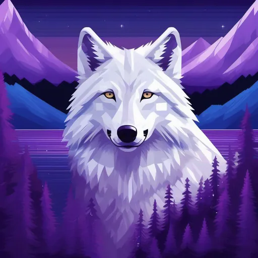 Prompt: $pixel art$, 32-bit, beautiful {white wolf}, with {silver eyes}, looking at viewer, glaring through fourth wall, layers of purple mountain silhouettes, magical fantasy crystal lake, twilight, highly detailed, beautifully detailed shading, complementary colors, golden ratio