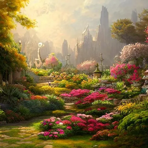 Prompt: a painting of a garden, a detailed matte painting, fantasy art, Artstation, artstation hq, matte painting, artstation hd