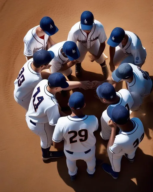 Prompt: An overhead shot of a baseball team huddled together on a dusty diamond bathed in evening golden light, their uniforms dirty and sweat-stained from a long game. Shot with a drone-mounted Sony A7R III camera and 24mm prime lens. They have their arms around each other and are smiling, reveling in the camaraderie. The mood is triumphant, gritty, and full of heart.