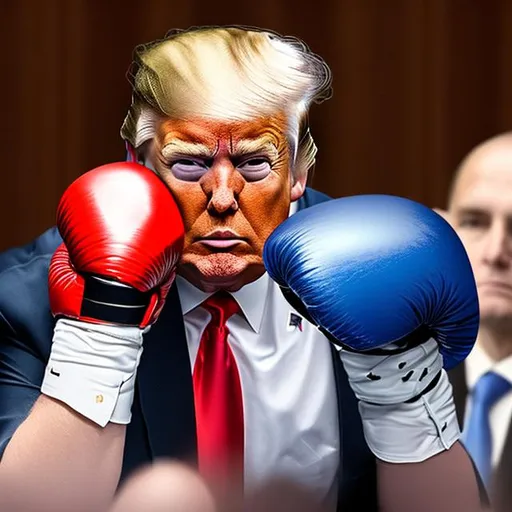 Prompt: Trump wearing boxing gloves in court