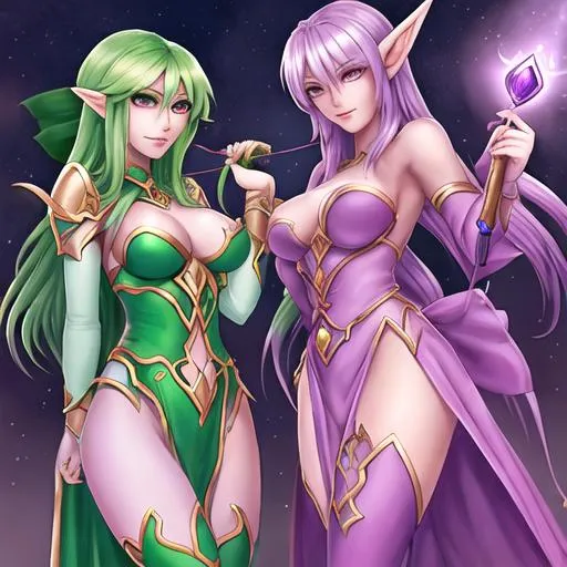 Prompt: a pair of female night elf rangers with light purple skin from world of warcraft one holding daggers the other holding a bow