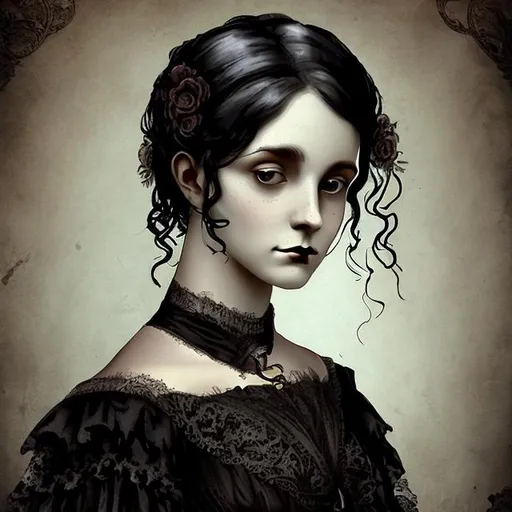 Prompt: Victoria Clemm Poe 1800s Victorian Woman Black Hair Gothic Woman 