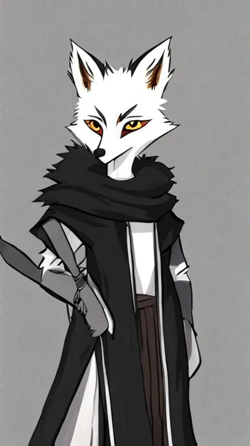 Prompt: An anime style illustration of a white anthropomorphic young,tall,skinny,serious,handsome male fox cub character with black pointy ears dressing medieval druid clothes. Black empty background. 