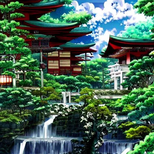 Prompt: an anime style world that has sky scrapers but are of old style Japanese architecture mingled with nature aesthetics like waterfall, greenery and trees.  