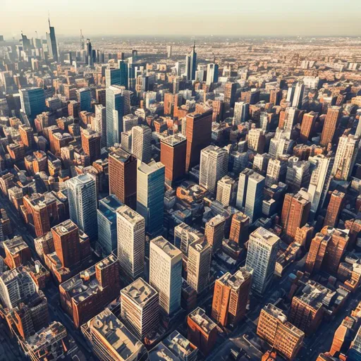 Prompt: tall 20 story brick buildings city background birds eye veiw Light blue sky nice weather city background realistic high quality 4k 