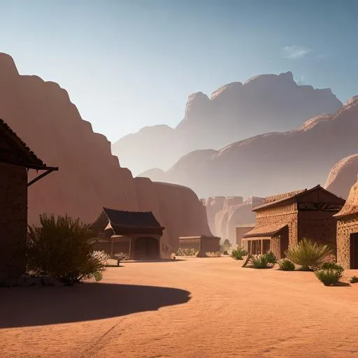 Prompt: D&d village in the desert, wide open, desert storm, professional, render, Sharp focus, HD, UHD, HDR, hyperrealistic