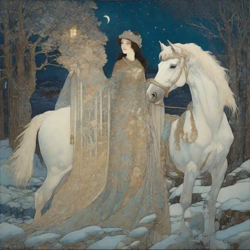 Prompt: Inlay Aubusson tapestry: a winter enchanted beautiful princess and her white horse, a whimsical village landscape background under a beautiful twilight night sky art by Carlos Schwabe, Edmund Dulac, Iris Scott, John Lowrie Morrison, Thomas Edwin Mostyn, Gustav Klimt, John Piper, William Timlin, John Bauer. 3/4 portrait, beautiful pastel aquarelle colours, crispy quality, cinematic smooth, polished finish, high quality, very clear resolution, blue, gold and rose tones, metallic glow