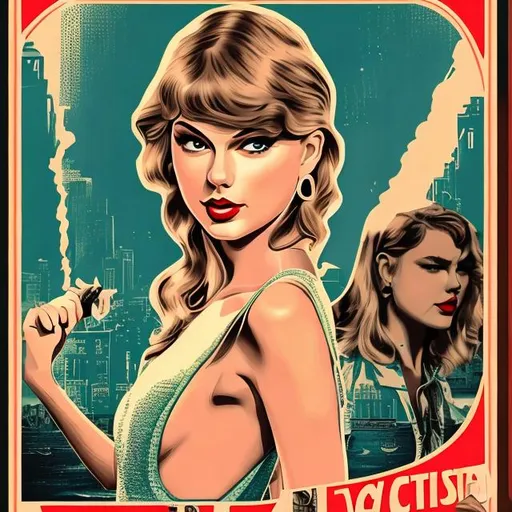 Prompt: agatha cristi novel cover.  vintage poster style. Taylor swift is the investigator. 