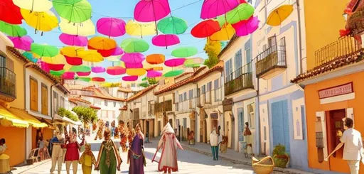 Prompt: Dreamy, stunning, watercolors, portrait of the umbrella street in Agueda, Portugal by Thomas Wells Schaller, Gustav Klimt, Philipp A. Urlich, Victo ngai, Paul Corfield, Daniel Merriam, Michael Whelan, Dali, Renoire, Ivan Shishkin, Micheal Cheval. Flowing Energy. crisp quality, sunny day, Bright Vivid Colors, Polished, Masterful Surrealism, Photorealistic, Cel-shaded, digital illustration, unreal engine, 64k, high definition, light, depth of scale, atmospheric, luminous, iridescent, glowing, 3D texture, octane render