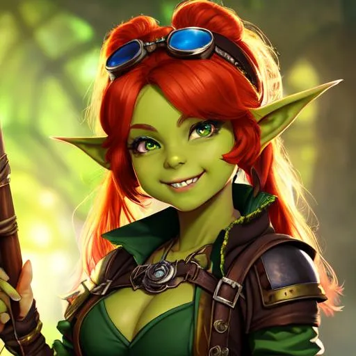 Prompt: oil painting, D&D fantasy, young green-skinned-goblin girl, green-skinned-female (petite body), beautiful face, mischievous grin, short fiery red hair, pigtails, pointed ears, fangs, looking at the viewer, wearing steampunk goggles on forehead and adventurer's outfit #3238, UHD, hd , 8k eyes, detailed face, big anime dreamy eyes, 8k eyes, intricate details, insanely detailed, masterpiece, cinematic lighting, 8k, complementary colors, golden ratio, octane render, volumetric lighting, unreal 5, artwork, concept art, cover, top model, light on hair colorful glamourous hyperdetailed medieval city background, intricate hyperdetailed breathtaking colorful glamorous scenic view landscape, ultra-fine details, hyper-focused, deep colors, dramatic lighting, ambient lighting god rays, flowers, garden | by sakimi chan, artgerm, wlop, pixiv, tumblr, instagram, deviantart