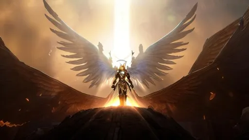 Prompt: A paladin/angel/valkyrie coming down from the sky, scorching the earth. Behind is a holy light, above the figure, basking the ground in holy light. The wings span far, elegantly. The paladin female wear a golden heavy armor, in a fantasy style.