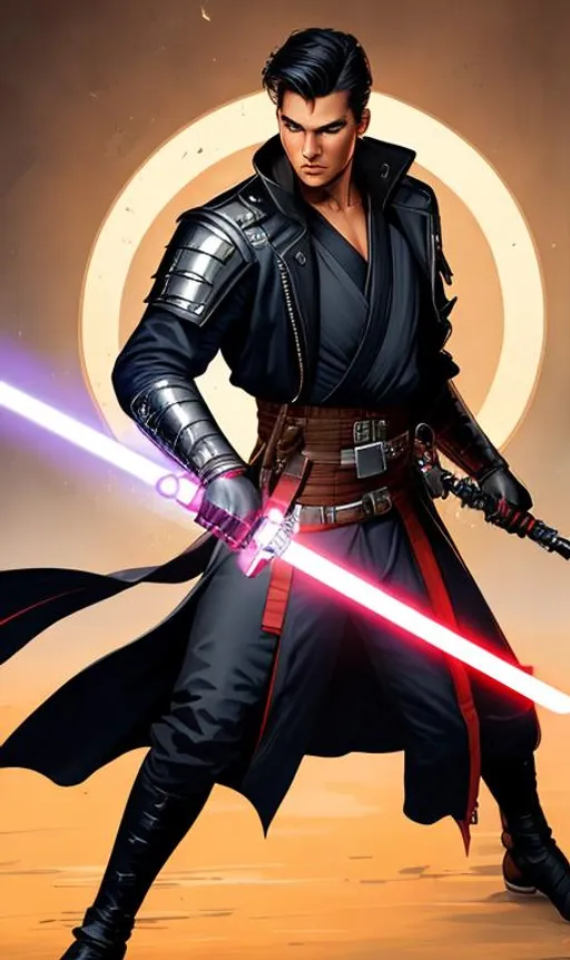 Prompt: UHD, digital art style, comic art style, zoomed out full body view, male sharp jawline, curled lips, fierce eyes, european fencing jedi master, tattered jacket, epee lightsaber, by greg rutkowski and alphonse mucha, sharp focus, Photorealistic, sharp focus, highres, noir stylings