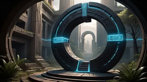 Prompt: magical portal between cities realms worlds kingdoms, circular portal, ring standing on edge, upright ring, freestanding ring, hieroglyphs on ring, complete ring, ancient babylonian architecture, gardens, ruins, turned sideways view, futuristic cyberpunk tech-noir setting, dark night