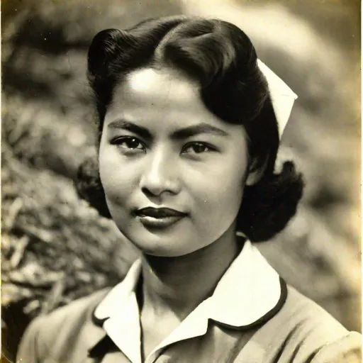 Prompt: (RAW photo), rural tropical, mountains, pretty Indonesian woman, (1940, 1940 nurses uniform), (round face, high cheekbones, almond-shaped brown eyes, epicanthic fold, short bob black hair, small delicate nose, slightly flattened nose bridge, wide nasal base, full luscious lips, light tan skin), REALISM, HYPERREALISM, RAW, PHOTO, INTRICATE DETAIL, OCTANE RENDER, 4K, 8K, 16K, 32K, 64K, SHOT 128K COLOR, PORE SKIN, HDR, UHD