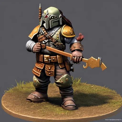 Prompt: young male Bounty Hunter Dwarf with a heavy crossbow and iron helmet that doesn't cover face
